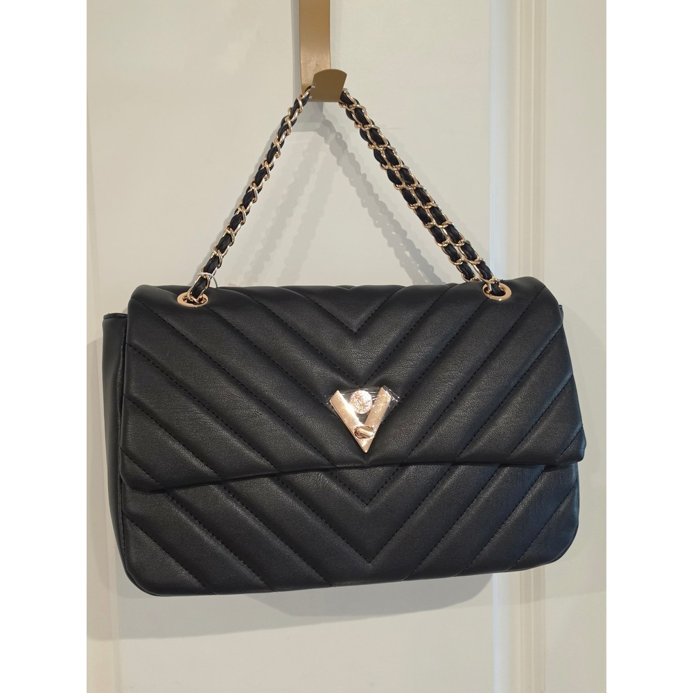 Valentino Orlandi Black Quilted Faux Leather Shoulder Bag V-3009 Gold Chain Flap
